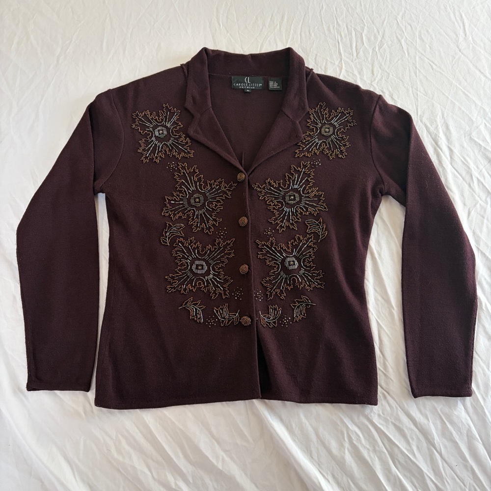 Vintage Y2K Carole Little Wool Blend Embroidered Velvet Cardigan Sweater